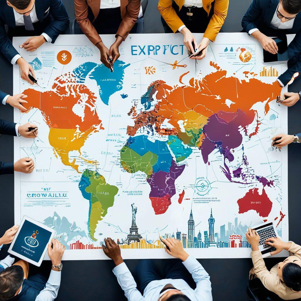A world map with arrows symbolizing trade routes, featuring iconic landmarks from various countries. In the foreground, a diverse group of business professionals collaborating over a digital tablet, discussing export strategies. The background should have a sleek modern look with currency symbols subtly integrated. Bright colors to represent global diversity and unity. vector art. vibrant colors.