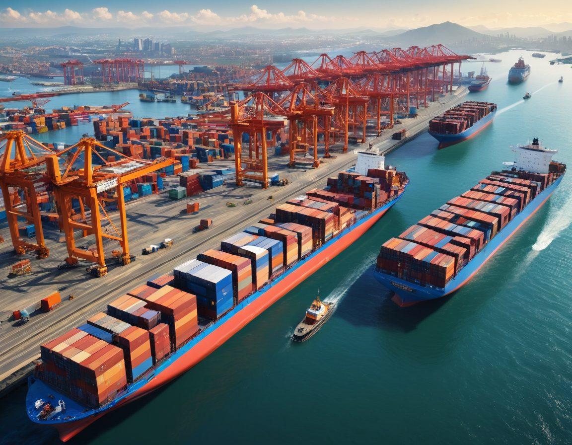 A bustling global shipping port with a variety of cargo ships, containers, and cranes. In the foreground, a diverse group of professionals discussing logistics, surrounded by customs documents and maps. The backdrop features a world map highlighting major trade routes, emphasizing connections between countries. Bright sunlight illuminating the scene, creating a sense of energy and complexity. super-realistic. vibrant colors. 3D.