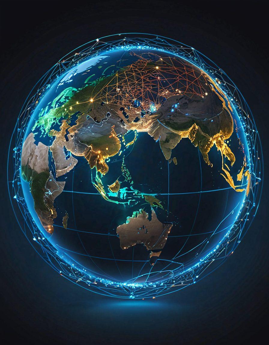 A dynamic globe showcasing interconnected trade routes with glowing lines representing international commerce. Include diverse symbols of trade like cargo ships, planes, and digital networks intertwining around the globe. The background should hint at bustling cityscapes and digital interfaces, emphasizing global connections in modern business. Make the colors vibrant and the style super-realistic to evoke a sense of innovation and progress.